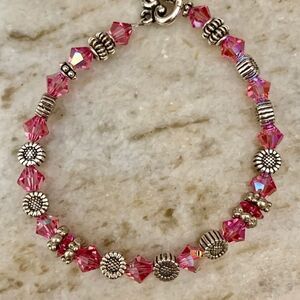 Pink Rose AB Crystals with Daisy Sterling Silver Bracelet #handmade